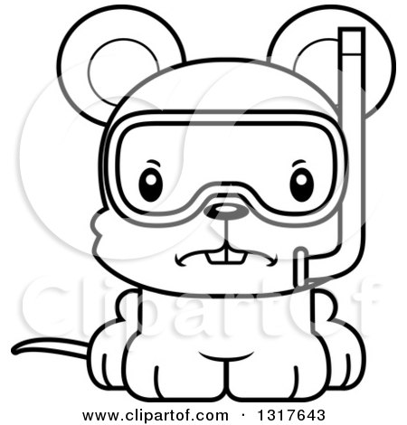 Animal Lineart Clipart of a Cartoon Black and WhiteCute Mad Mouse Wearing Snorkel Gear - Royalty Free Outline Vector Illustration by Cory Thoman