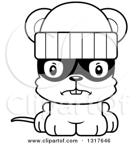 Animal Lineart Clipart of a Cartoon Black and WhiteCute Mad Mouse Robber - Royalty Free Outline Vector Illustration by Cory Thoman