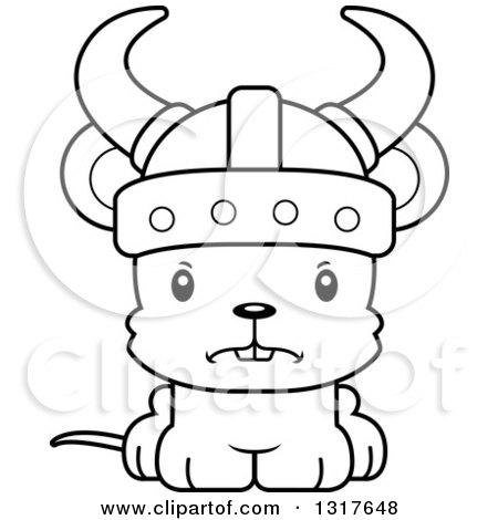 Animal Lineart Clipart of a Cartoon Black and WhiteCute Mad Mouse Viking - Royalty Free Outline Vector Illustration by Cory Thoman