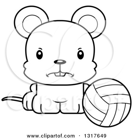 Animal Lineart Clipart of a Cartoon Black and WhiteCute Mad Mouse Sitting by a Volleyball - Royalty Free Outline Vector Illustration by Cory Thoman
