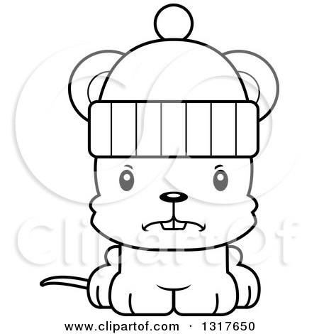 Animal Lineart Clipart of a Cartoon Black and WhiteCute Mad Mouse Wearing a Winter Hat - Royalty Free Outline Vector Illustration by Cory Thoman