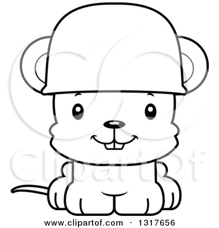 Animal Lineart Clipart of a Cartoon Black and WhiteCute Happy Mouse Army Soldier - Royalty Free Outline Vector Illustration by Cory Thoman