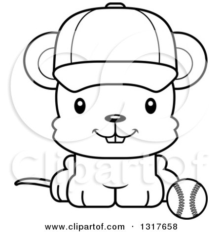Animal Lineart Clipart of a Cartoon Black and WhiteCute Happy Mouse Sitting by a - Royalty Free Outline Vector Illustration by Cory Thoman