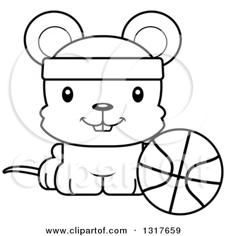 Animal Lineart Clipart of a Cartoon Black and WhiteCute Happy Mouse Sitting by a Basketball - Royalty Free Outline Vector Illustration by Cory Thoman
