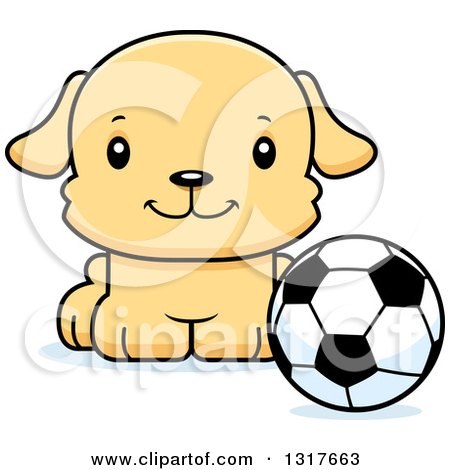 Animal Clipart of a Cartoon Cute Happy Puppy Dog Sitting by a Soccer Ball - Royalty Free Vector Illustration by Cory Thoman