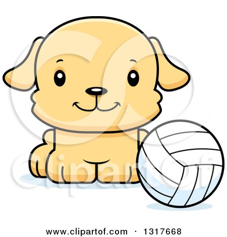 Animal Clipart of a Cartoon Cute Happy Puppy Dog Sitting by a Volleyball - Royalty Free Vector Illustration by Cory Thoman