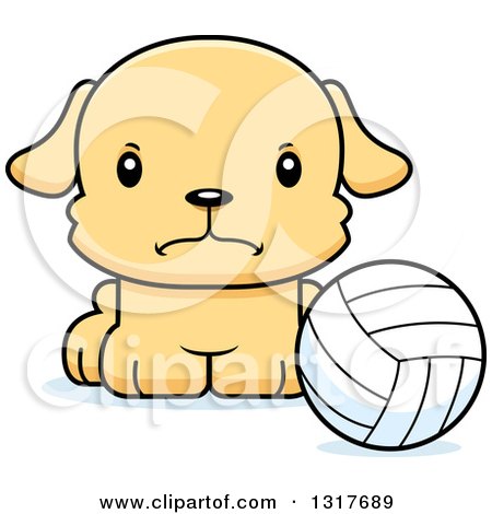 Animal Clipart of a Cartoon Cute Mad Puppy Dog Sitting by a Volleyball - Royalty Free Vector Illustration by Cory Thoman