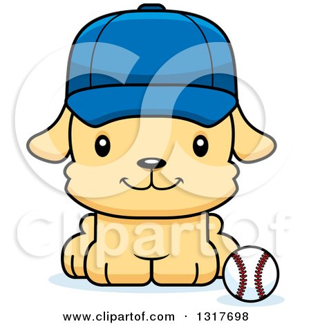 Animal Clipart of a Cartoon Cute Happy Puppy Dog Sitting by a Baseball - Royalty Free Vector Illustration by Cory Thoman