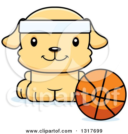 Animal Clipart of a Cartoon Cute Happy Puppy Dog Sitting by a Basketball - Royalty Free Vector Illustration by Cory Thoman