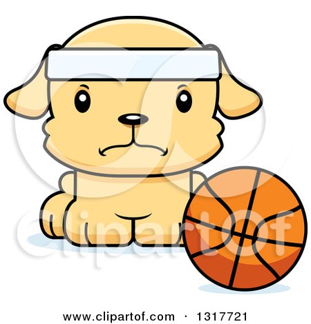Animal Clipart of a Cartoon Cute Mad Puppy Dog Sitting by a Basketball - Royalty Free Vector Illustration by Cory Thoman