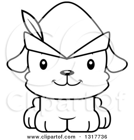 Animal Lineart Clipart of a Cartoon Black and WhiteCute Happy Robin Hood Puppy Dog - Royalty Free Outline Vector Illustration by Cory Thoman