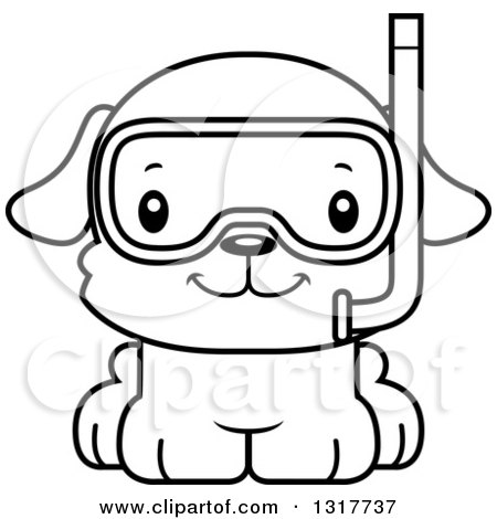 Animal Lineart Clipart of a Cartoon Black and WhiteCute Happy Puppy Dog in Snorkel Gear - Royalty Free Outline Vector Illustration by Cory Thoman