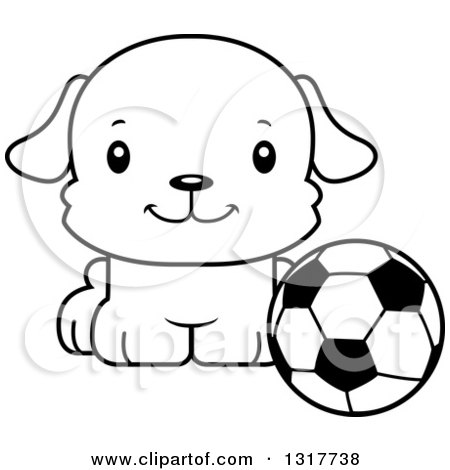 Animal Lineart Clipart of a Cartoon Black and WhiteCute Happy Puppy Dog Sitting by a Soccer Ball - Royalty Free Outline Vector Illustration by Cory Thoman