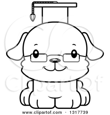 Animal Lineart Clipart of a Cartoon Black and WhiteCute Happy Puppy Dog Professor - Royalty Free Outline Vector Illustration by Cory Thoman