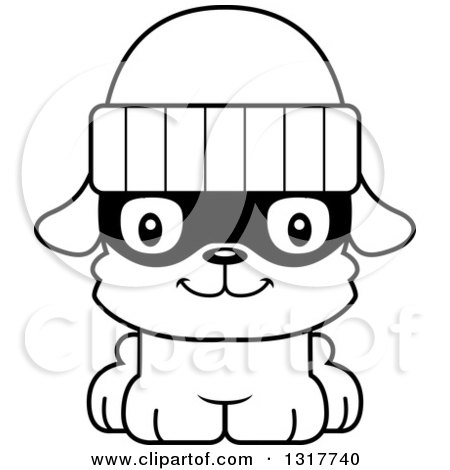 Animal Lineart Clipart of a Cartoon Black and WhiteCute Happy Puppy Dog Robber - Royalty Free Outline Vector Illustration by Cory Thoman