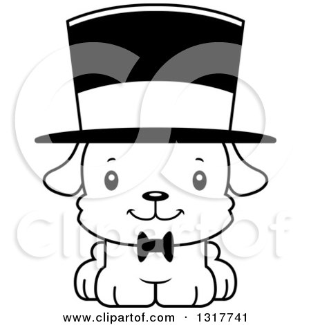Animal Lineart Clipart of a Cartoon Black and WhiteCute Happy Puppy Dog Gentleman Wearing a Top Hat - Royalty Free Outline Vector Illustration by Cory Thoman