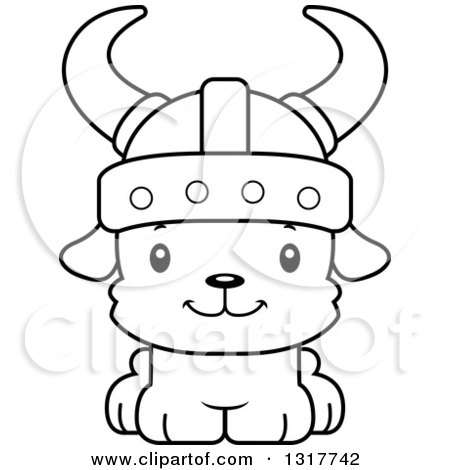 Animal Lineart Clipart of a Cartoon Black and WhiteCute Happy Puppy Dog Viking - Royalty Free Outline Vector Illustration by Cory Thoman