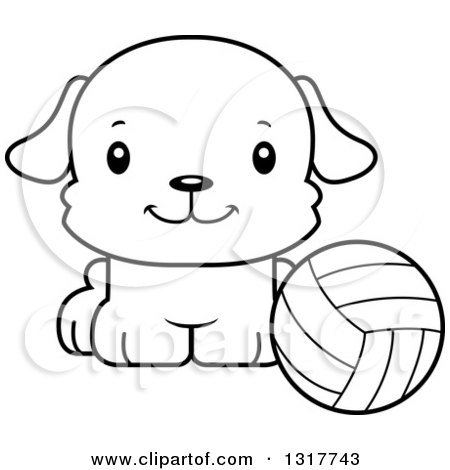 Animal Lineart Clipart of a Cartoon Black and WhiteCute Happy Puppy Dog Sitting by a Volleyball - Royalty Free Outline Vector Illustration by Cory Thoman
