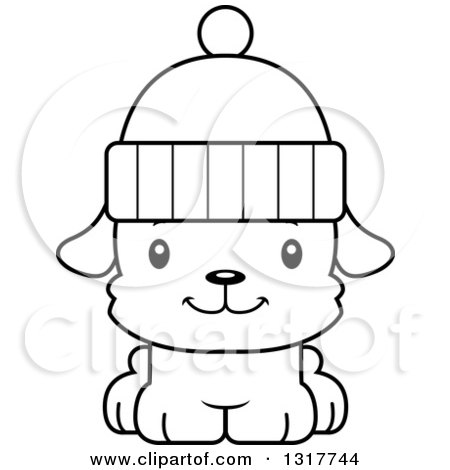 Animal Lineart Clipart of a Cartoon Black and WhiteCute Happy Puppy Dog Wearing a Winter Hat - Royalty Free Outline Vector Illustration by Cory Thoman