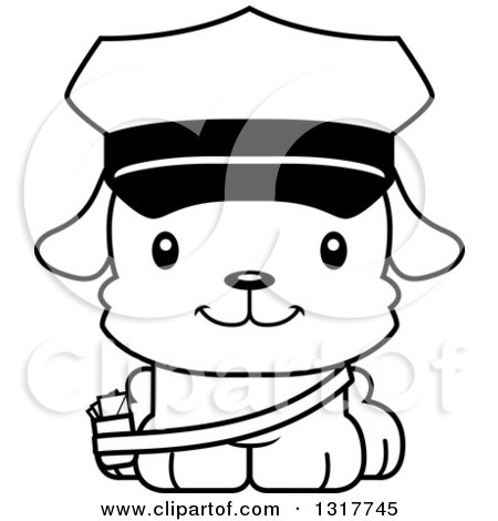 Animal Lineart Clipart of a Cartoon Black and WhiteCute Happy Puppy Dog Mailman - Royalty Free Outline Vector Illustration by Cory Thoman