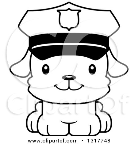 Animal Lineart Clipart of a Cartoon Black and WhiteCute Happy Puppy Dog Police Officer - Royalty Free Outline Vector Illustration by Cory Thoman