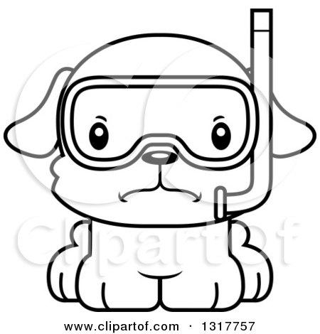 Animal Lineart Clipart of a Cartoon Black and WhiteCute Mad Puppy Dog in Snorkel Gear - Royalty Free Outline Vector Illustration by Cory Thoman