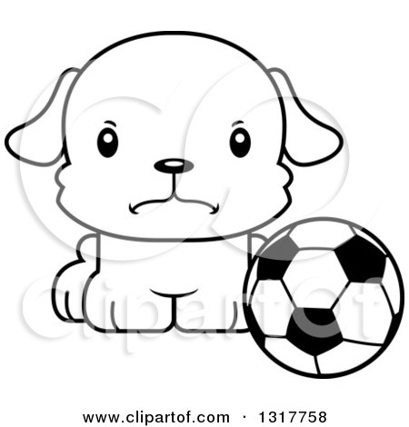 Animal Lineart Clipart of a Cartoon Black and WhiteCute Mad Puppy Dog Sitting by a Soccer Ball - Royalty Free Outline Vector Illustration by Cory Thoman