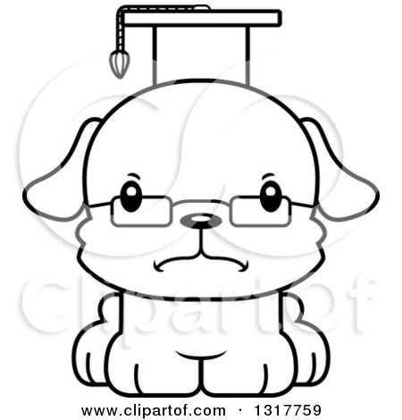 Animal Lineart Clipart of a Cartoon Black and WhiteCute Mad Puppy Dog Professor - Royalty Free Outline Vector Illustration by Cory Thoman