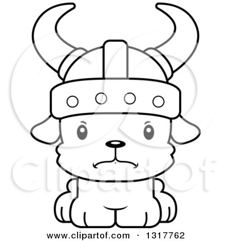Animal Lineart Clipart of a Cartoon Black and WhiteCute Mad Puppy Dog Viking - Royalty Free Outline Vector Illustration by Cory Thoman