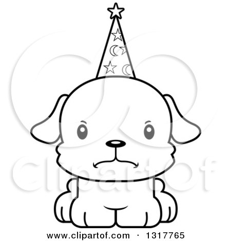 Animal Lineart Clipart of a Cartoon Black and WhiteCute Mad Puppy Dog Wizard - Royalty Free Outline Vector Illustration by Cory Thoman