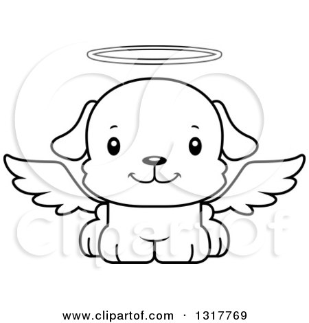 Animal Lineart Clipart of a Cartoon Black and WhiteCute Happy Puppy Dog Angel - Royalty Free Outline Vector Illustration by Cory Thoman