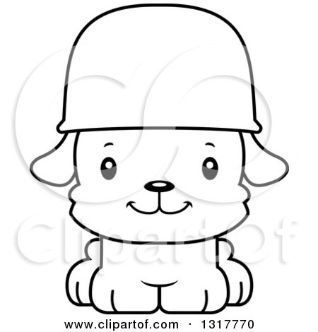 Animal Lineart Clipart of a Cartoon Black and WhiteCute Happy Puppy Dog Army Soldier - Royalty Free Outline Vector Illustration by Cory Thoman