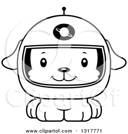 Animal Lineart Clipart of a Cartoon Black and WhiteCute Happy Puppy Dog Astronaut - Royalty Free Outline Vector Illustration by Cory Thoman
