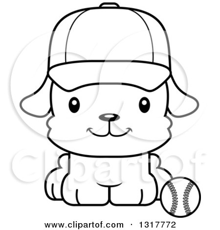 Animal Lineart Clipart of a Cartoon Black and WhiteCute Happy Puppy Dog Sitting by a Baseball - Royalty Free Outline Vector Illustration by Cory Thoman