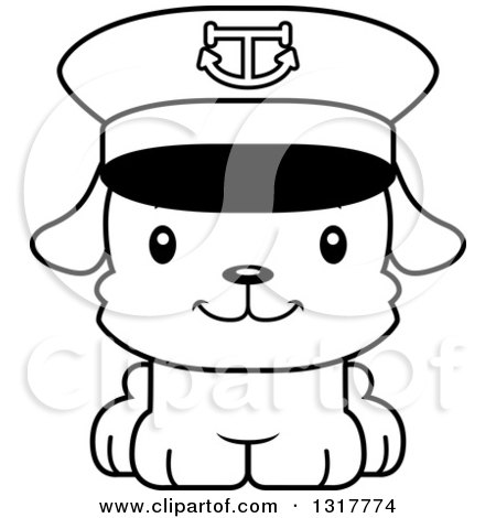 Animal Lineart Clipart of a Cartoon Black and WhiteCute Happy Puppy Dog Captain - Royalty Free Outline Vector Illustration by Cory Thoman