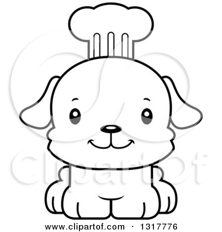 Animal Lineart Clipart of a Cartoon Black and WhiteCute Happy Puppy Dog Chef - Royalty Free Outline Vector Illustration by Cory Thoman