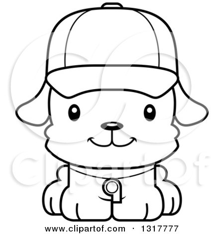 Animal Lineart Clipart of a Cartoon Black and WhiteCute Happy Puppy Dog Coach - Royalty Free Outline Vector Illustration by Cory Thoman
