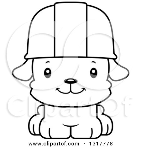 Animal Lineart Clipart of a Cartoon Black and WhiteCute Happy Puppy Dog Construction Worker - Royalty Free Outline Vector Illustration by Cory Thoman