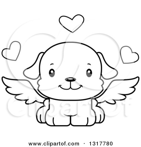 Animal Lineart Clipart of a Cartoon Black and WhiteCute Happy Puppy Dog Cupid - Royalty Free Outline Vector Illustration by Cory Thoman