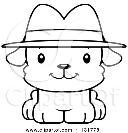 Animal Lineart Clipart of a Cartoon Black and WhiteCute Happy Puppy Dog Detective - Royalty Free Outline Vector Illustration by Cory Thoman
