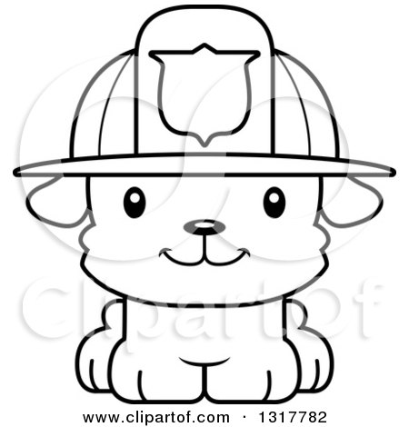 Animal Lineart Clipart of a Cartoon Black and WhiteCute Happy Puppy Dog Fireman - Royalty Free Outline Vector Illustration by Cory Thoman