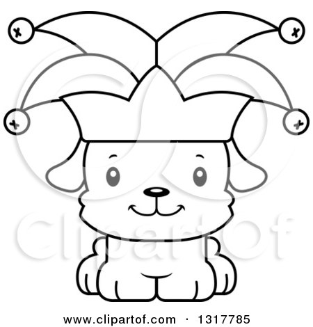 Animal Lineart Clipart of a Cartoon Black and WhiteCute Happy Puppy Dog Jesters - Royalty Free Outline Vector Illustration by Cory Thoman