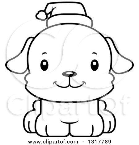 Animal Lineart Clipart of a Cartoon Black and WhiteCute Happy Christmas Puppy Dog Wearing a Santa Hat - Royalty Free Outline Vector Illustration by Cory Thoman