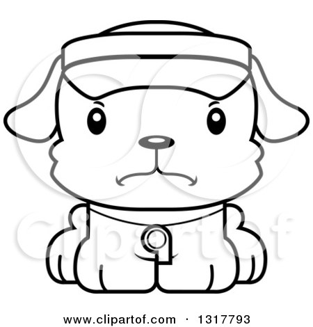 Animal Lineart Clipart of a Cartoon Black and WhiteCute Mad Puppy Dog Lifeguard - Royalty Free Outline Vector Illustration by Cory Thoman