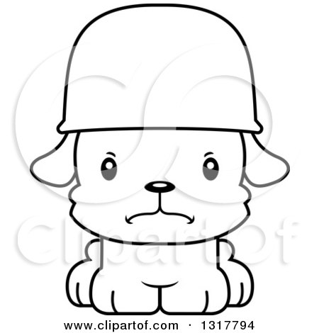 Animal Lineart Clipart of a Cartoon Black and WhiteCute Mad Puppy Dog Army Soldier - Royalty Free Outline Vector Illustration by Cory Thoman