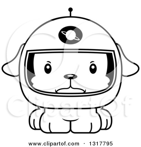 Animal Lineart Clipart of a Cartoon Black and WhiteCute Mad Puppy Dog Astronaut - Royalty Free Outline Vector Illustration by Cory Thoman