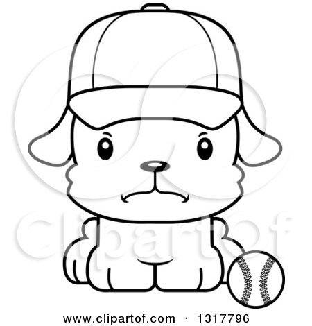 Animal Lineart Clipart of a Cartoon Black and WhiteCute Mad Puppy Dog Sitting by a Baseball - Royalty Free Outline Vector Illustration by Cory Thoman