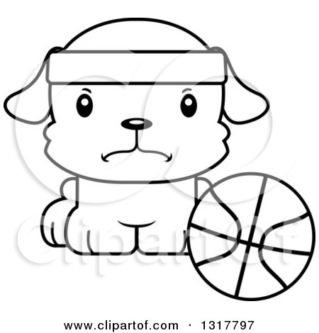 Animal Lineart Clipart of a Cartoon Black and WhiteCute Mad Puppy Dog Sitting by a Basketball - Royalty Free Outline Vector Illustration by Cory Thoman