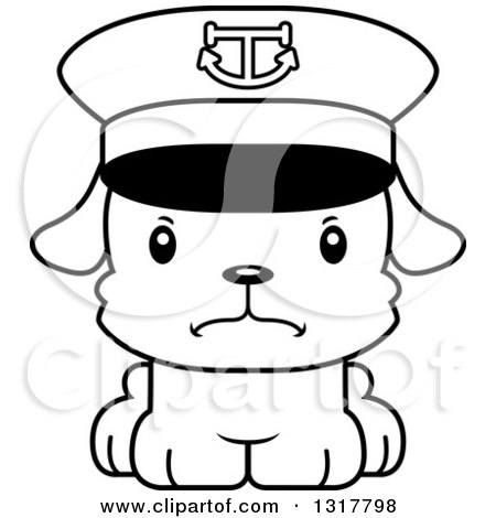 Animal Lineart Clipart of a Cartoon Black and WhiteCute Mad Puppy Dog Captain - Royalty Free Outline Vector Illustration by Cory Thoman
