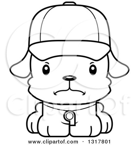 Animal Lineart Clipart of a Cartoon Black and WhiteCute Mad Puppy Dog Coach - Royalty Free Outline Vector Illustration by Cory Thoman